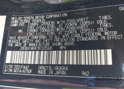 2007 Toyota 4Runner Sr5 V6 из США, поврежденный, VIN JTEBU14R478103568